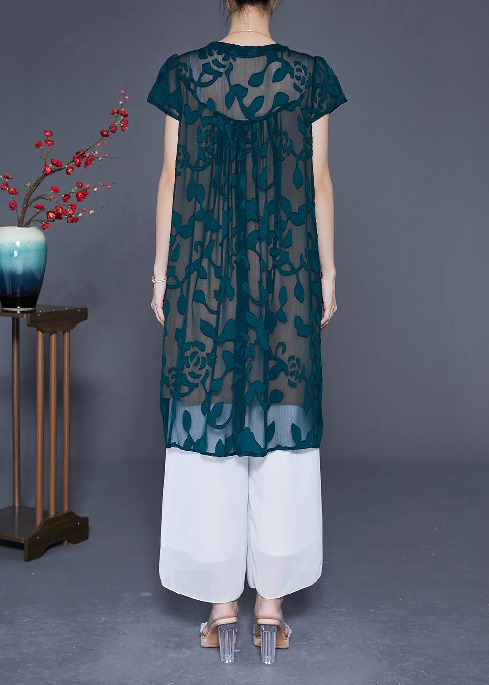 Organic Green V Neck Embroideried Tulle Dress Summer - Image 3