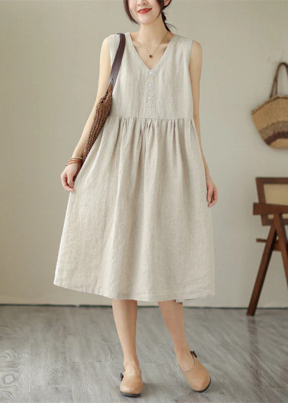Organic Green V Neck Patchwork Wrinkled Solid Cotton Long Dress Summer - Image 2