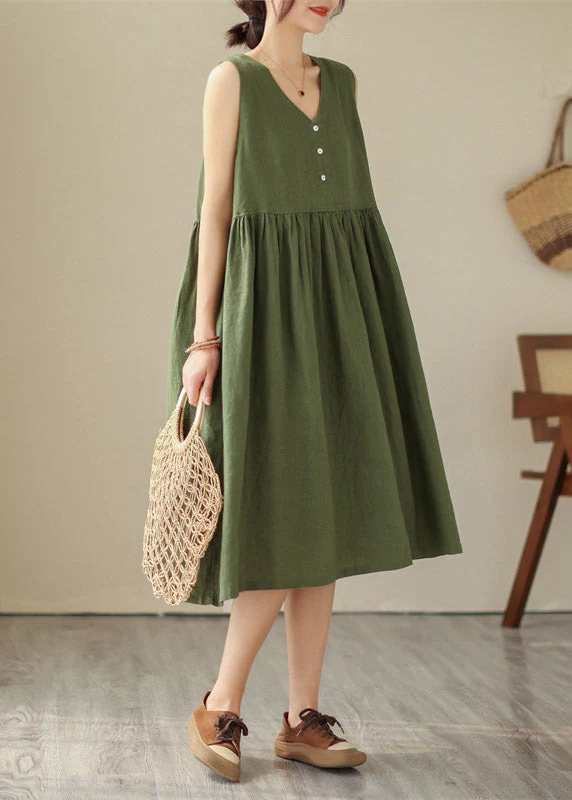 Organic Green V Neck Patchwork Wrinkled Solid Cotton Long Dress Summer - Image 3