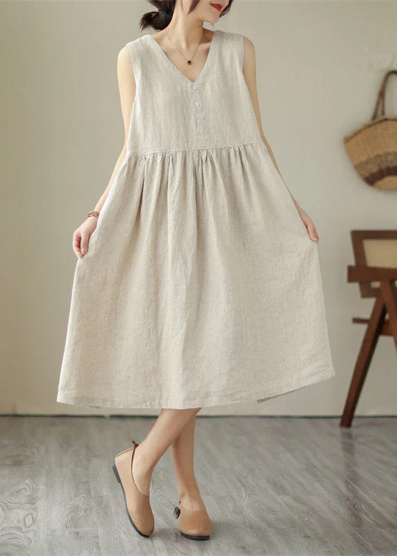 Organic Green V Neck Patchwork Wrinkled Solid Cotton Long Dress Summer - Image 4