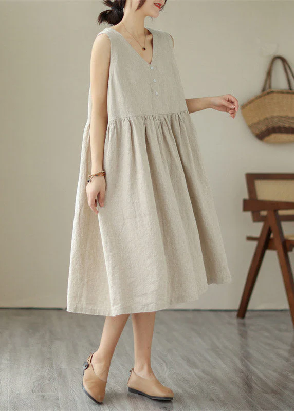 Organic Green V Neck Patchwork Wrinkled Solid Cotton Long Dress Summer - Image 5