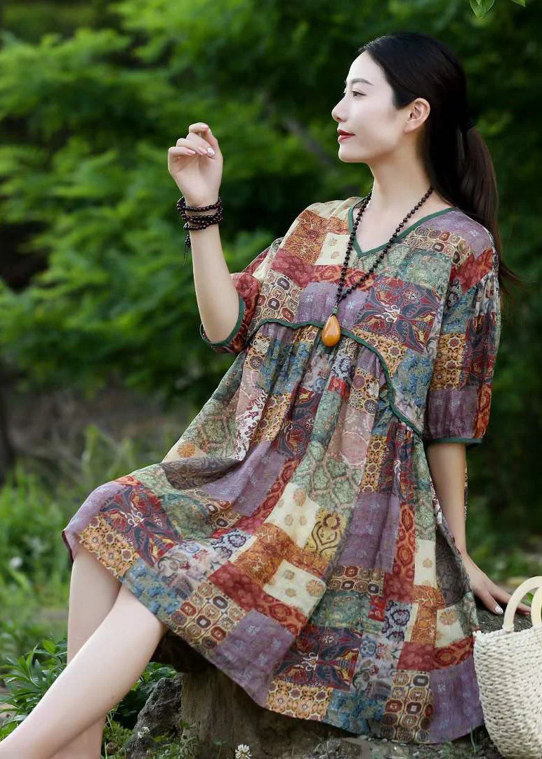 Organic Green V Neck Print Patchwork Linen Dresses Summer - Image 2