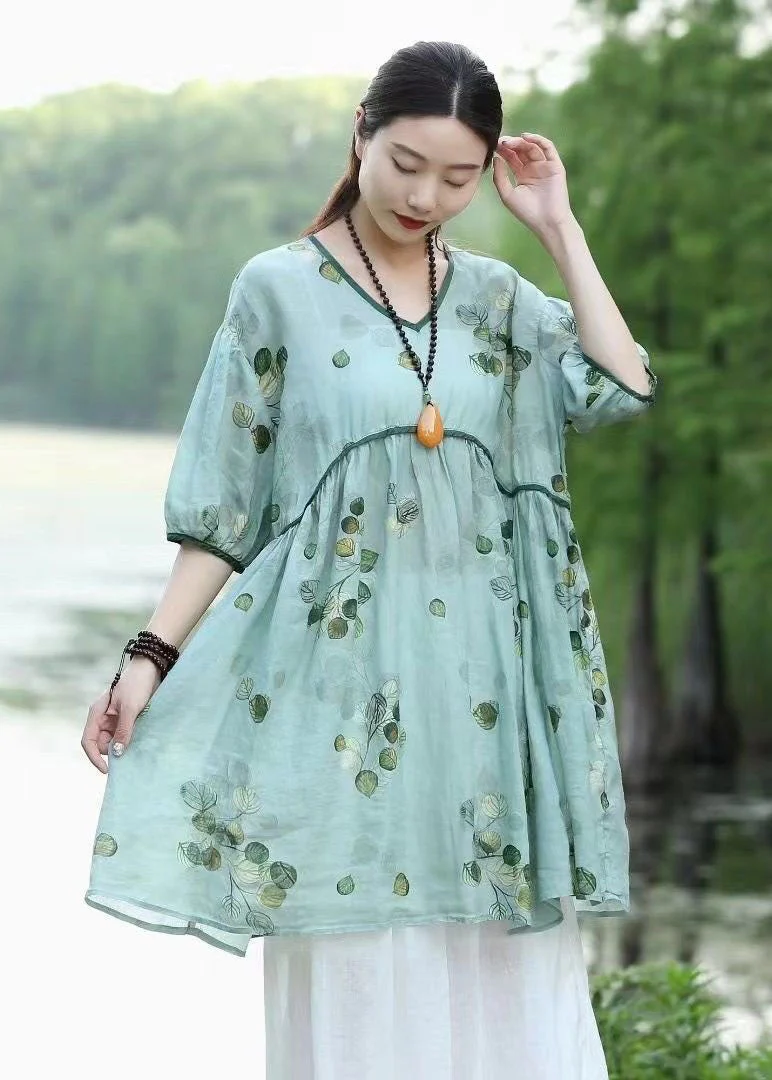 Organic Green V Neck Print Patchwork Linen Dresses Summer - Image 3