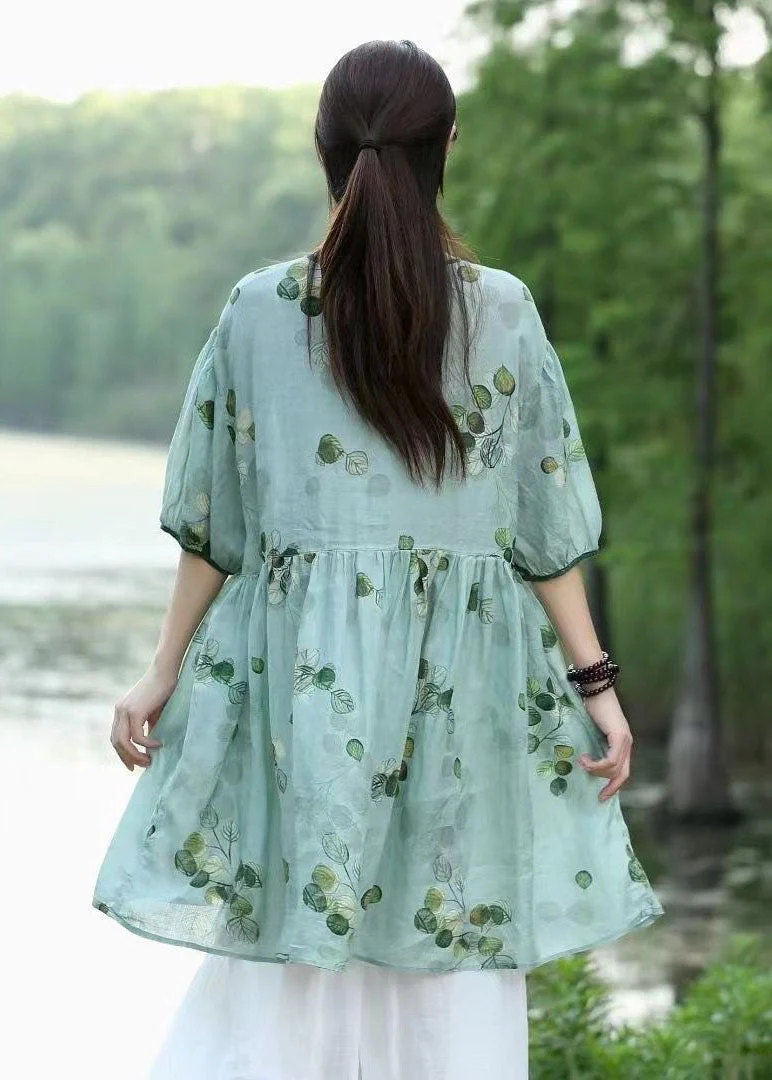 Organic Green V Neck Print Patchwork Linen Dresses Summer - Image 4