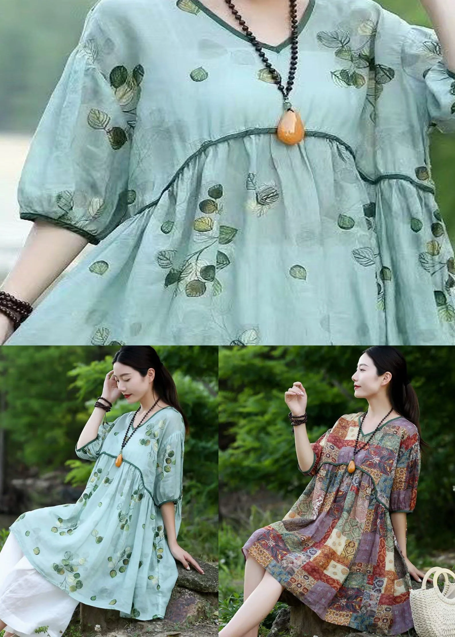Organic Green V Neck Print Patchwork Linen Dresses Summer - Image 5
