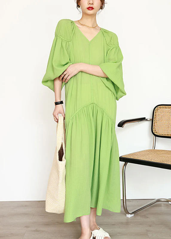 Organic Green V Neck Wrinkled Patchwork Long Dresses Lantern Sleeve - Image 2