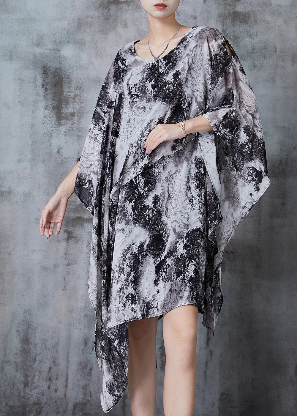 Organic Grey Asymmetrical Ink Wash Painting Chiffon Dress Summer - Image 3
