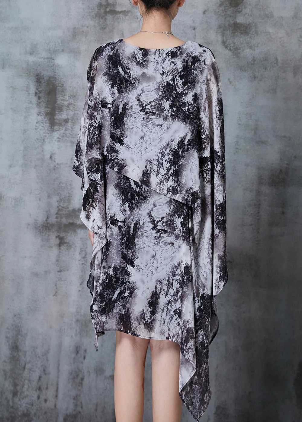 Organic Grey Asymmetrical Ink Wash Painting Chiffon Dress Summer - Image 4