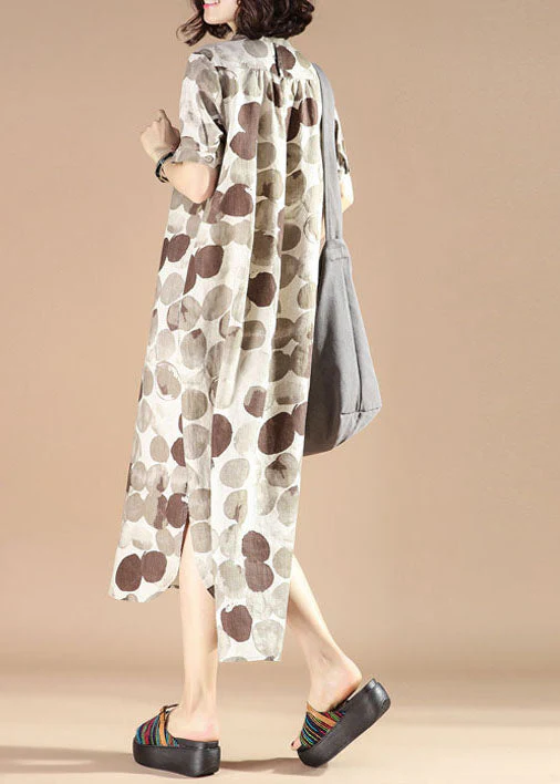 Organic Grey Stand Collar Print Patchwork Linen Dresses Summer - Image 4