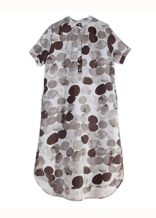 Organic Grey Stand Collar Print Patchwork Linen Dresses Summer - Image 5