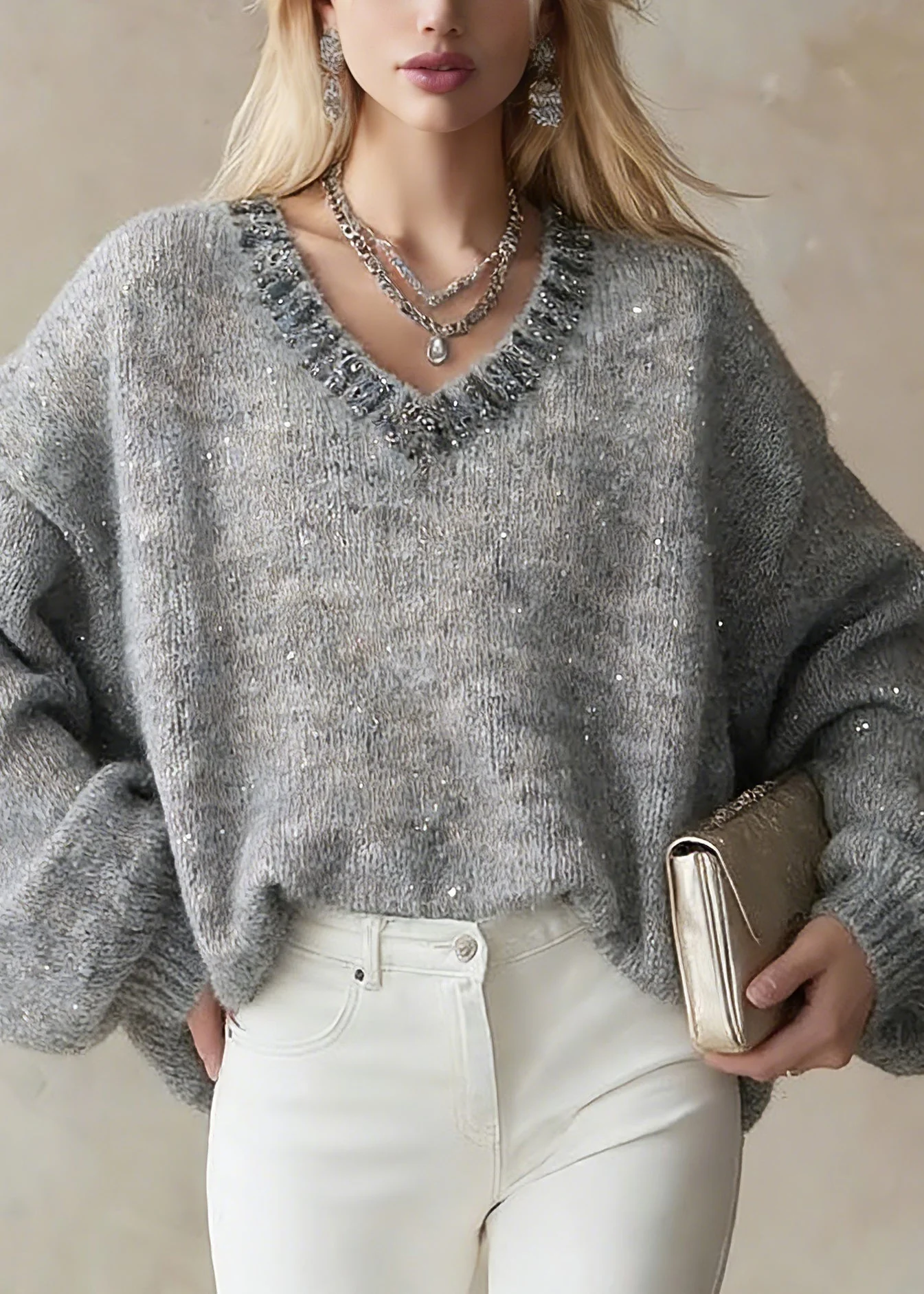 Organic Grey V Neck Zircon Cotton Knit Short Sweater Lantern Sleeve - Image 3