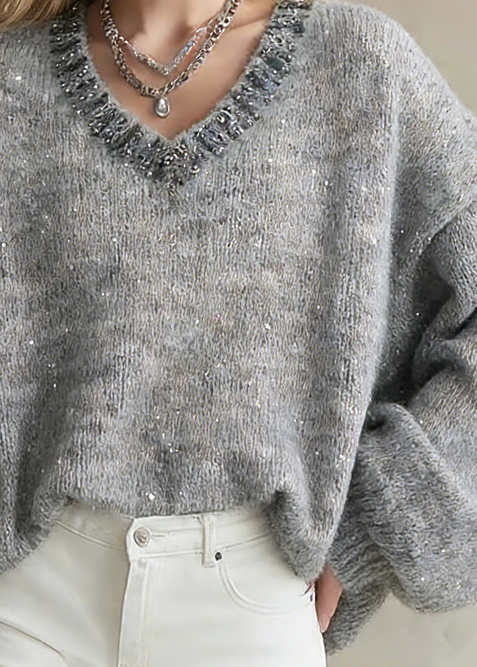 Organic Grey V Neck Zircon Cotton Knit Short Sweater Lantern Sleeve - Image 4