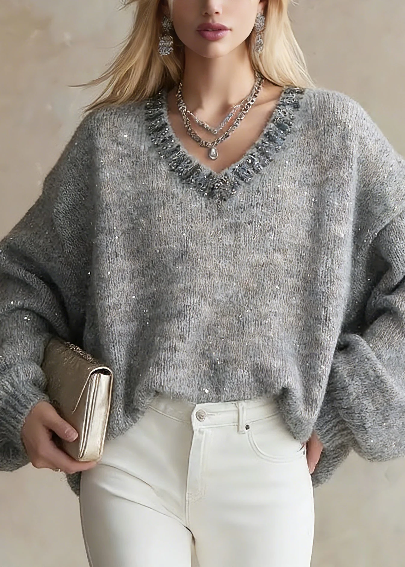 Organic Grey V Neck Zircon Cotton Knit Short Sweater Lantern Sleeve - Image 5