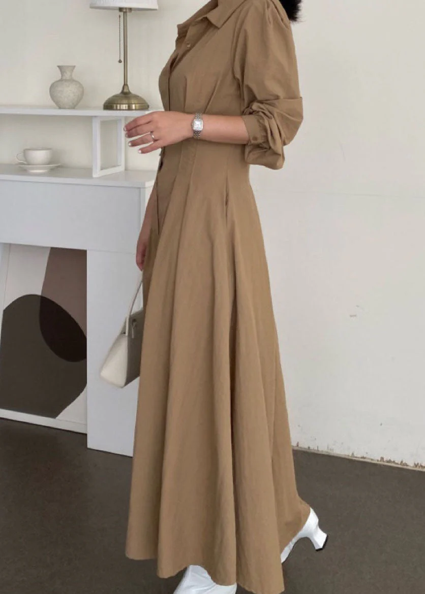Organic Khaki Peter Pan Collar Wrinkled Patchwork Cotton Long Dresses Spring - Image 2