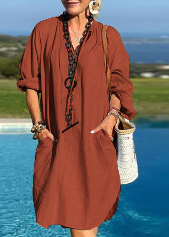Organic Light Blue V Neck Patchwork Pockets Vacation Mid Dresses Fall - Image 2