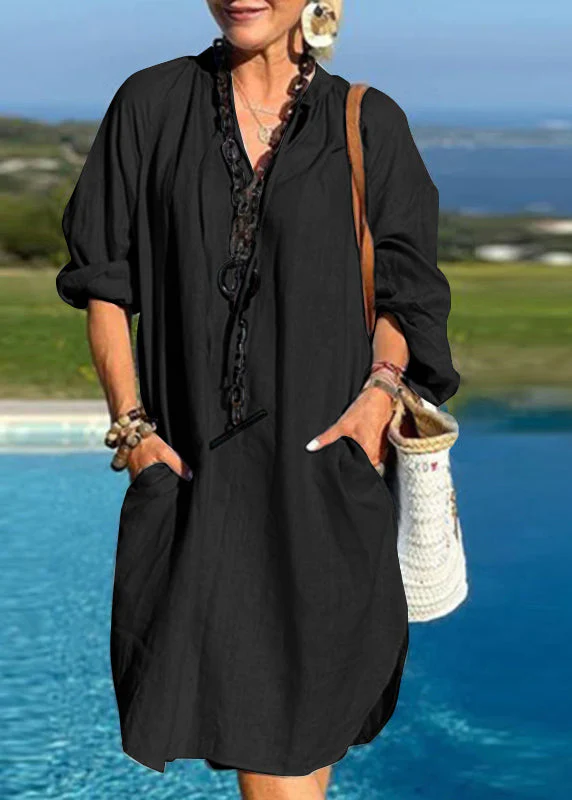 Organic Light Blue V Neck Patchwork Pockets Vacation Mid Dresses Fall - Image 3