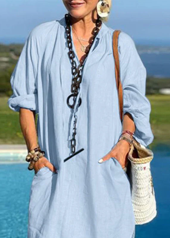 Organic Light Blue V Neck Patchwork Pockets Vacation Mid Dresses Fall - Image 4
