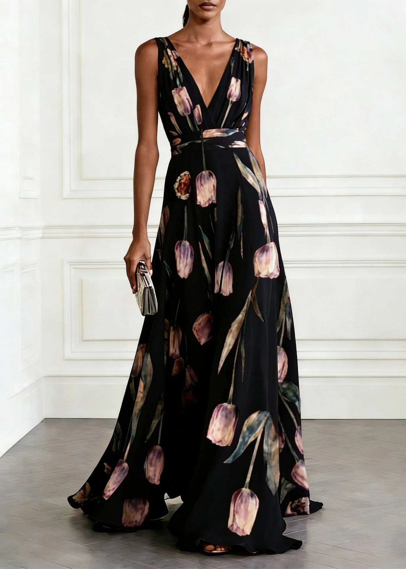 Organic Light Blue V Neck Print Chiffon Maxi Spaghetti Strap Dress Summer - Image 3