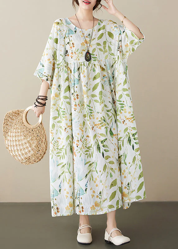 Organic Light Green O-Neck Print Wrinkled Maxi Dress Half Sleeve - Image 2