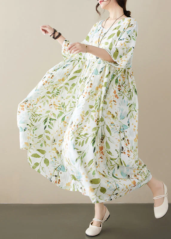 Organic Light Green O-Neck Print Wrinkled Maxi Dress Half Sleeve - Image 3