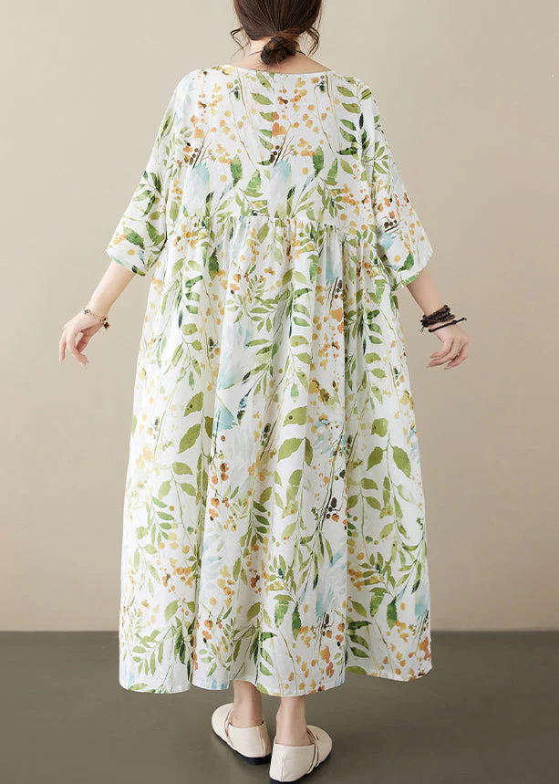 Organic Light Green O-Neck Print Wrinkled Maxi Dress Half Sleeve - Image 4