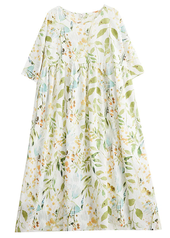 Organic Light Green O-Neck Print Wrinkled Maxi Dress Half Sleeve - Image 5