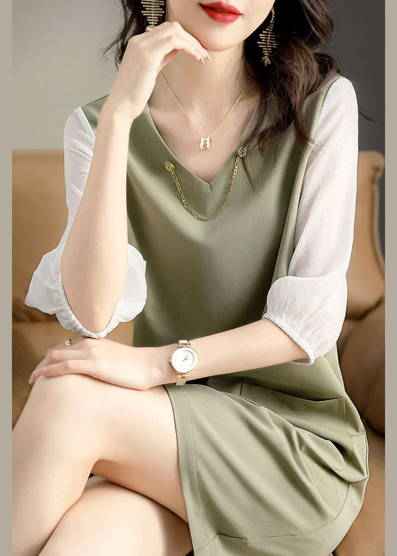 Organic Light Green V Neck Patchwork Cotton Dress Spring - Image 2