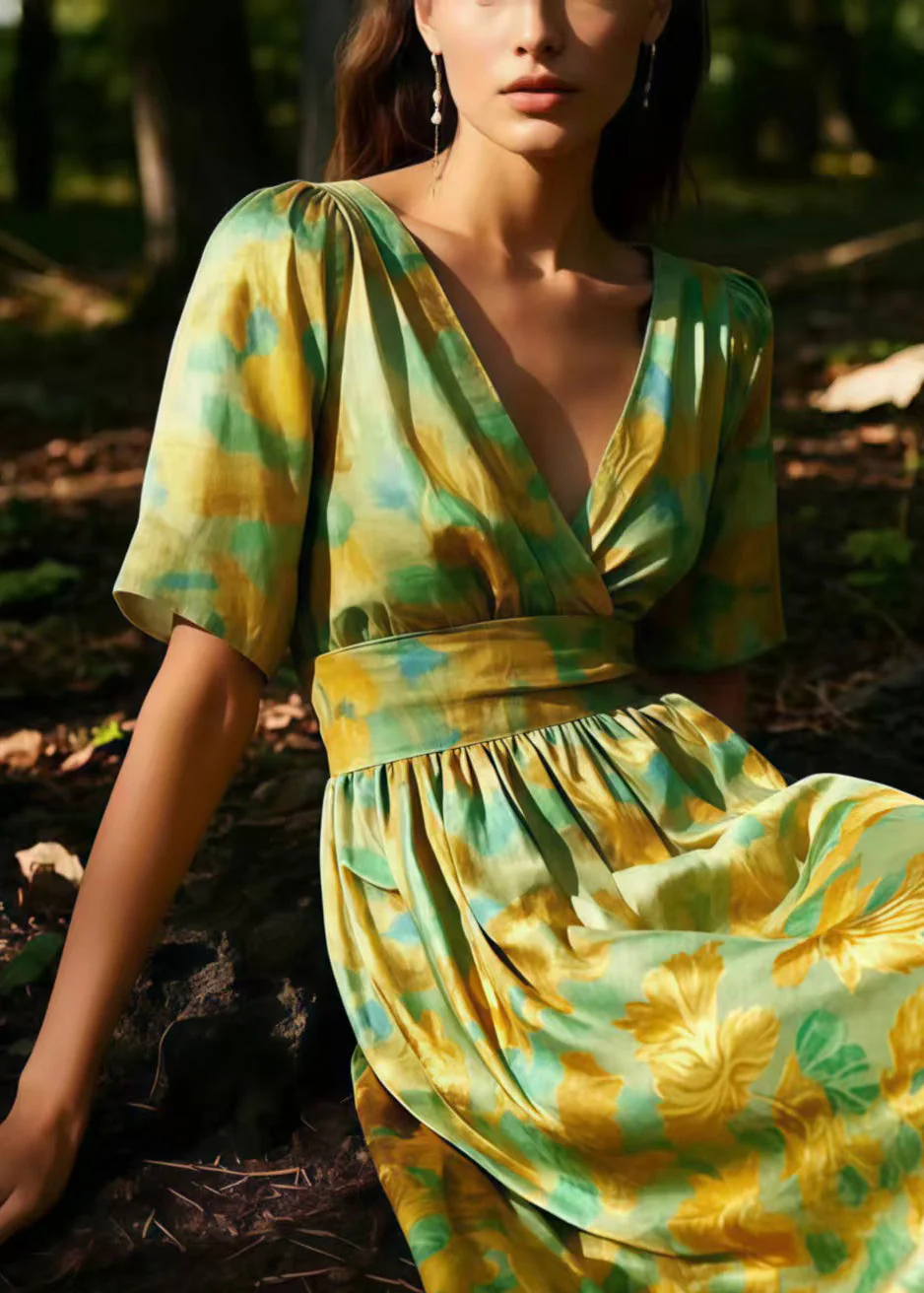 Organic Light Green V Neck Print Silk Dresses Summer - Image 2