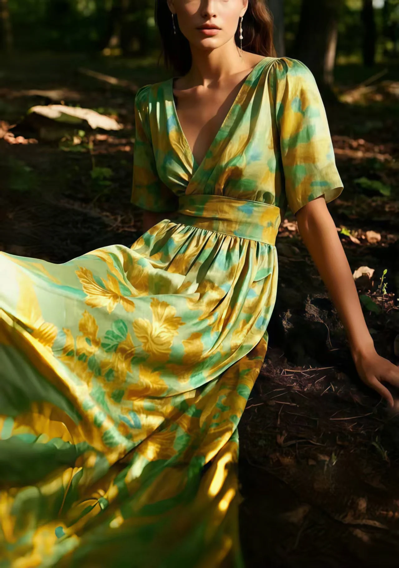 Organic Light Green V Neck Print Silk Dresses Summer - Image 3