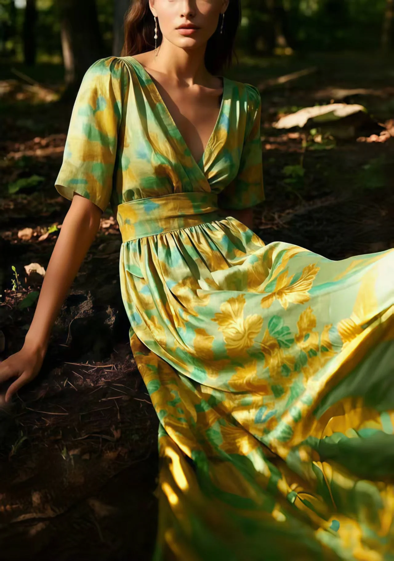 Organic Light Green V Neck Print Silk Dresses Summer - Image 5