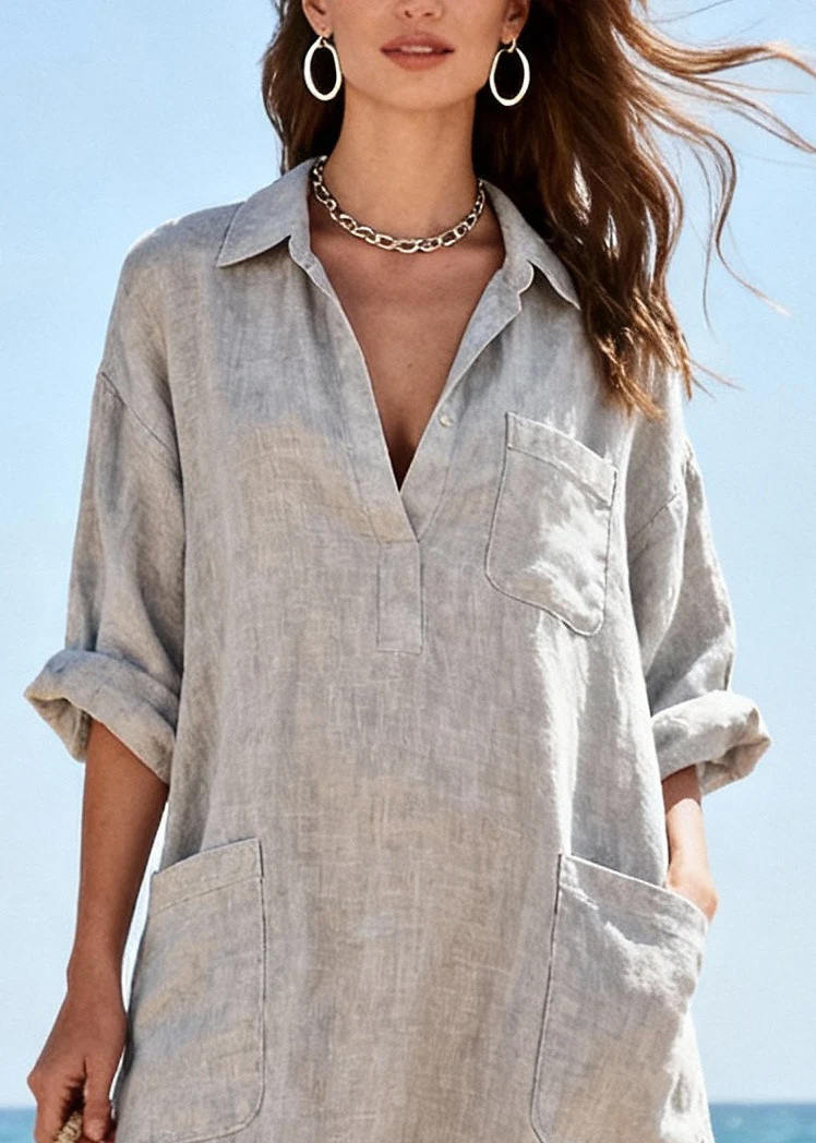 Organic Light Grey Tasseled Pockets Cotton Long Dress Spring - Image 2