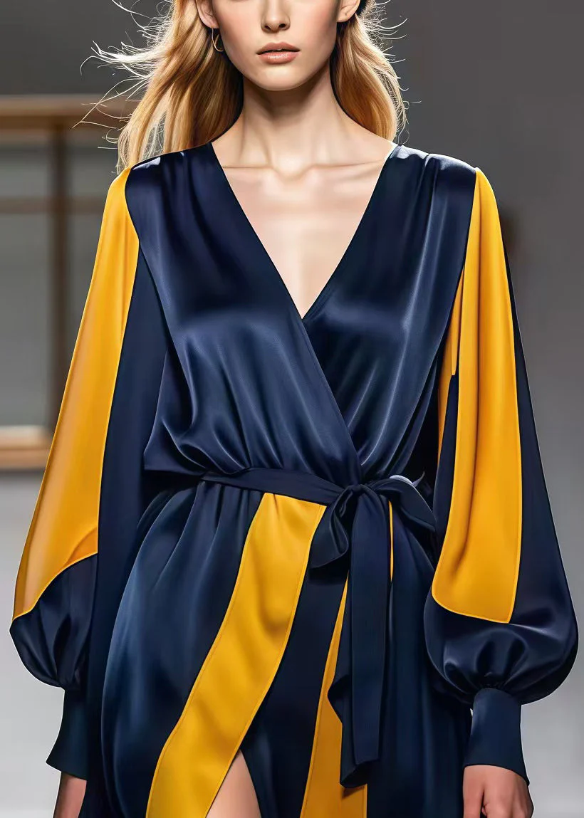 Organic Navy Cinched Patchwork Side Open Silk Dress Spring - Image 3