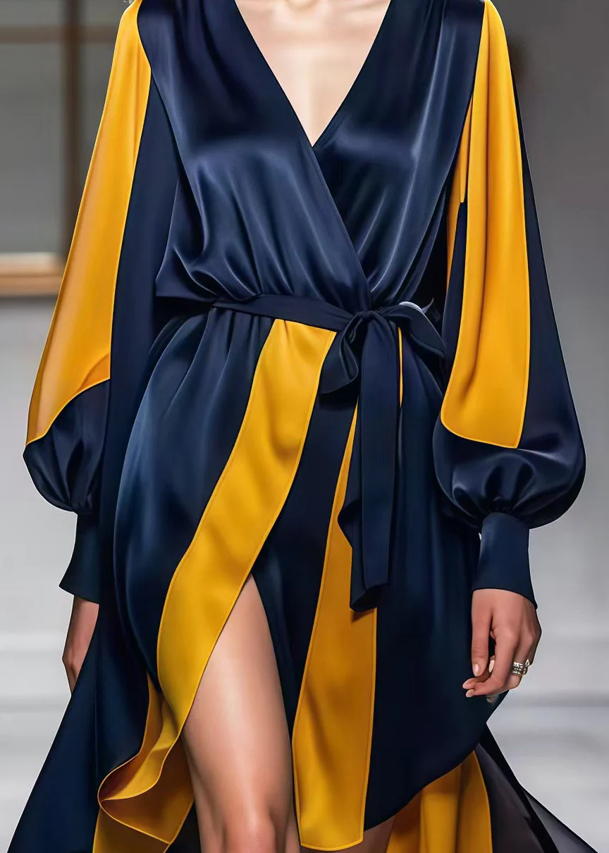 Organic Navy Cinched Patchwork Side Open Silk Dress Spring - Image 4