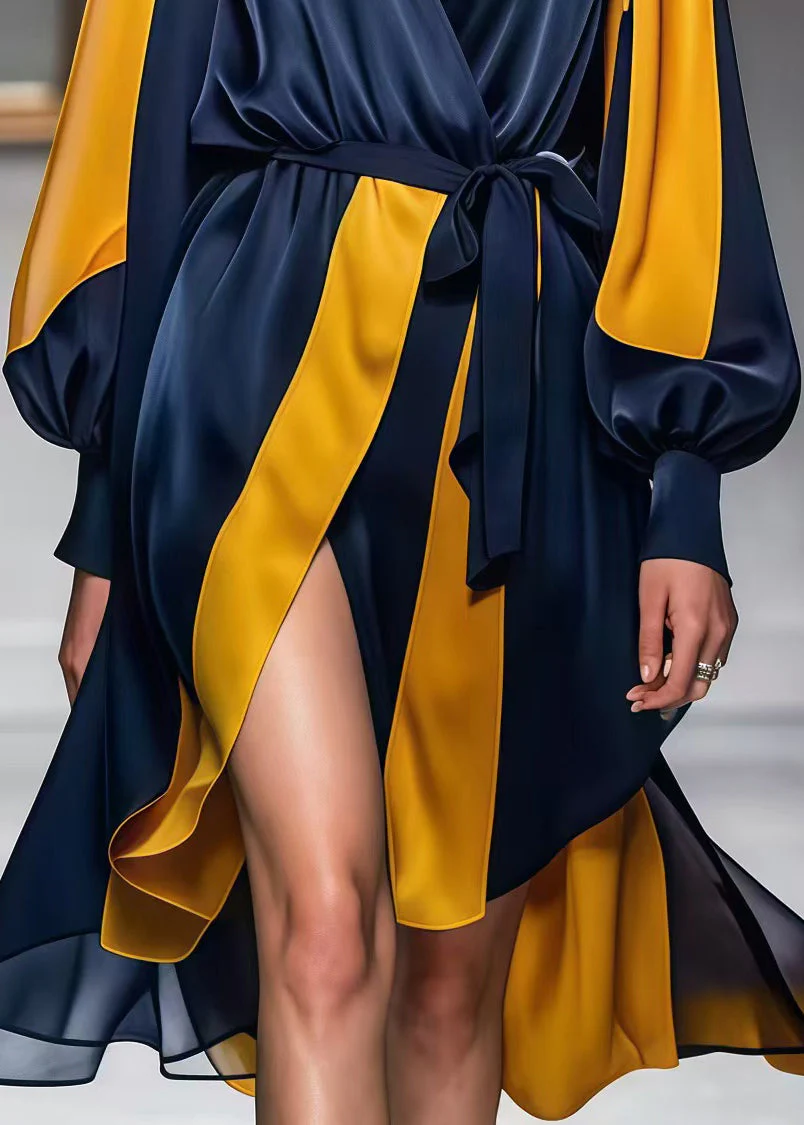 Organic Navy Cinched Patchwork Side Open Silk Dress Spring - Image 5