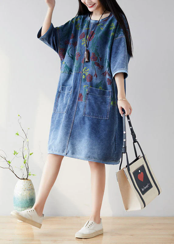 Organic Navy O Neck Patchwork Denim Dresses Half Sleeve - Image 2