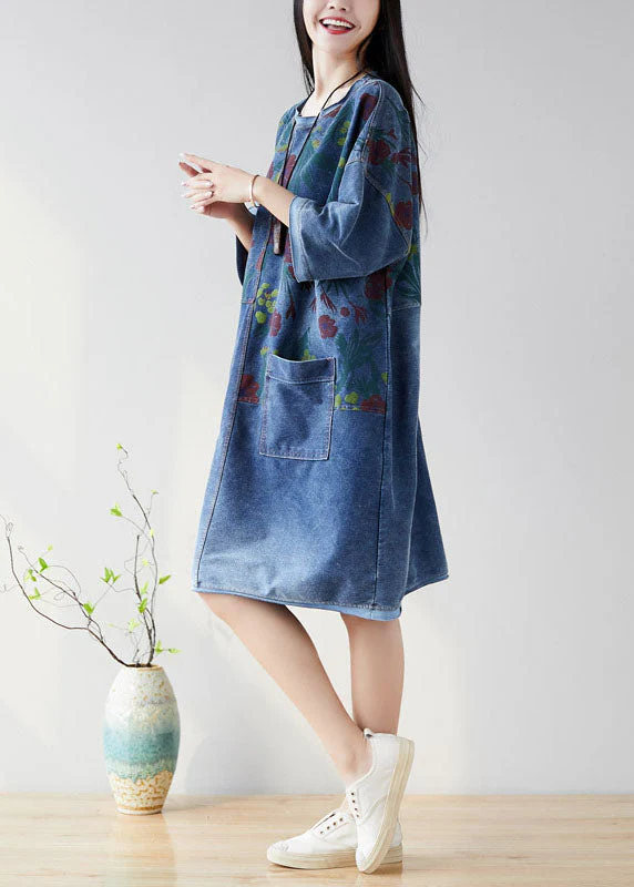 Organic Navy O Neck Patchwork Denim Dresses Half Sleeve - Image 3