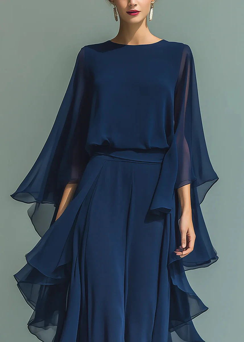 Organic Navy O Neck Ruffled Chiffon Two Pieces Set Summer - Image 3