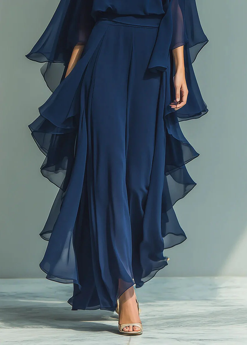 Organic Navy O Neck Ruffled Chiffon Two Pieces Set Summer - Image 4