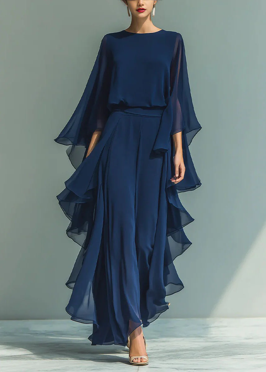 Organic Navy O Neck Ruffled Chiffon Two Pieces Set Summer - Image 5