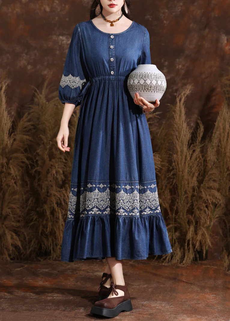 Organic Navy O-Neck Wrinkled Elastic Waist Long Denim Dresses Bracelet Sleeve - Image 2