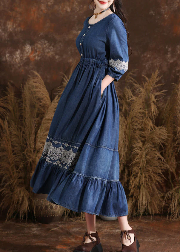 Organic Navy O-Neck Wrinkled Elastic Waist Long Denim Dresses Bracelet Sleeve - Image 3