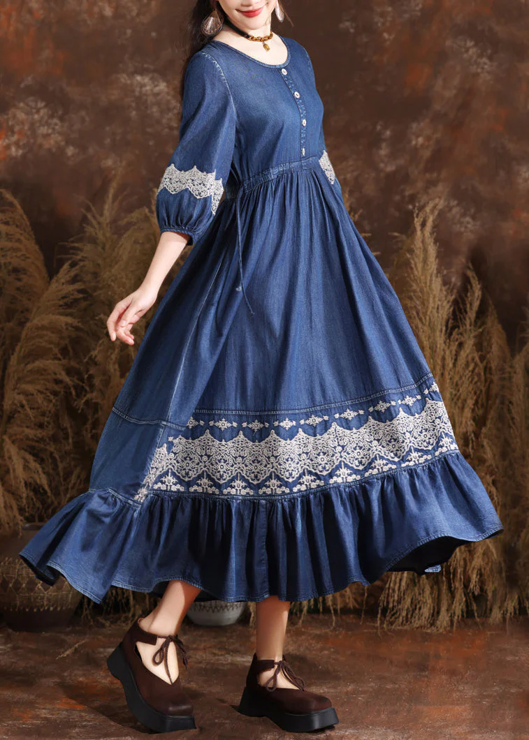 Organic Navy O-Neck Wrinkled Elastic Waist Long Denim Dresses Bracelet Sleeve - Image 4