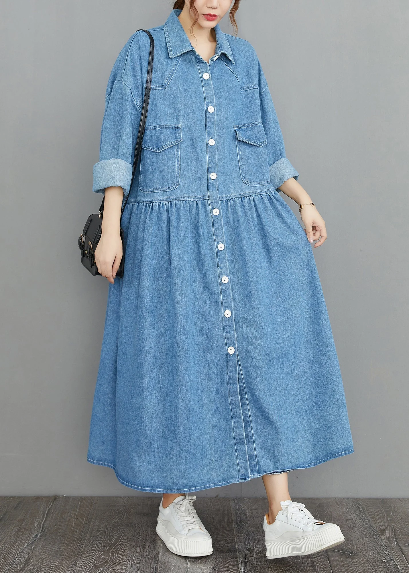 Organic Navy Oversized Patchwork Wrinkled Denim Vacation Dresses Spring - Image 2