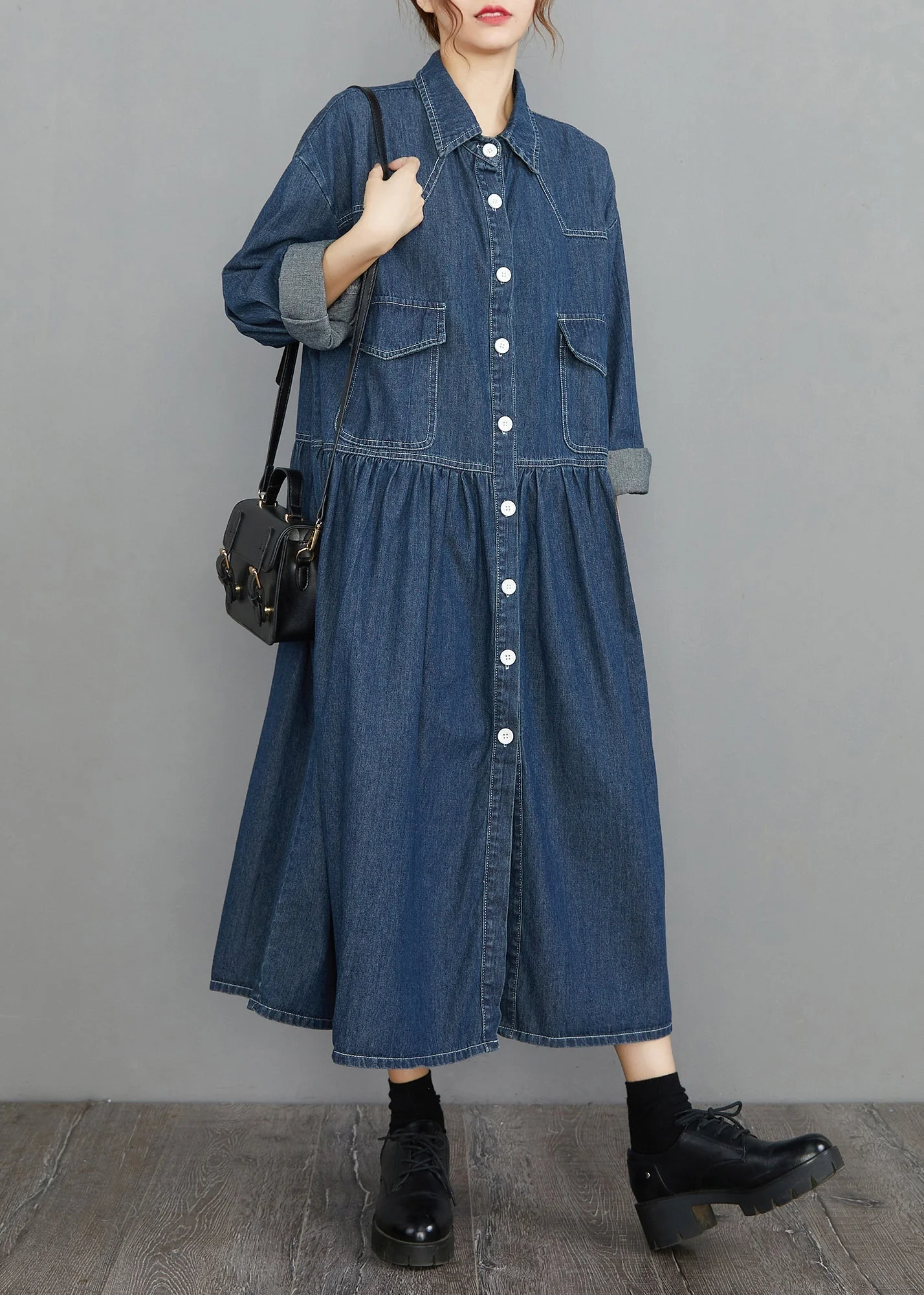 Organic Navy Oversized Patchwork Wrinkled Denim Vacation Dresses Spring - Image 3