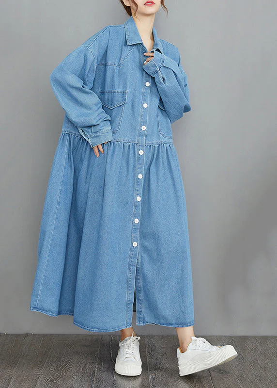 Organic Navy Oversized Patchwork Wrinkled Denim Vacation Dresses Spring - Image 4