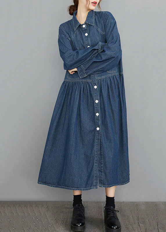 Organic Navy Oversized Patchwork Wrinkled Denim Vacation Dresses Spring - Image 5