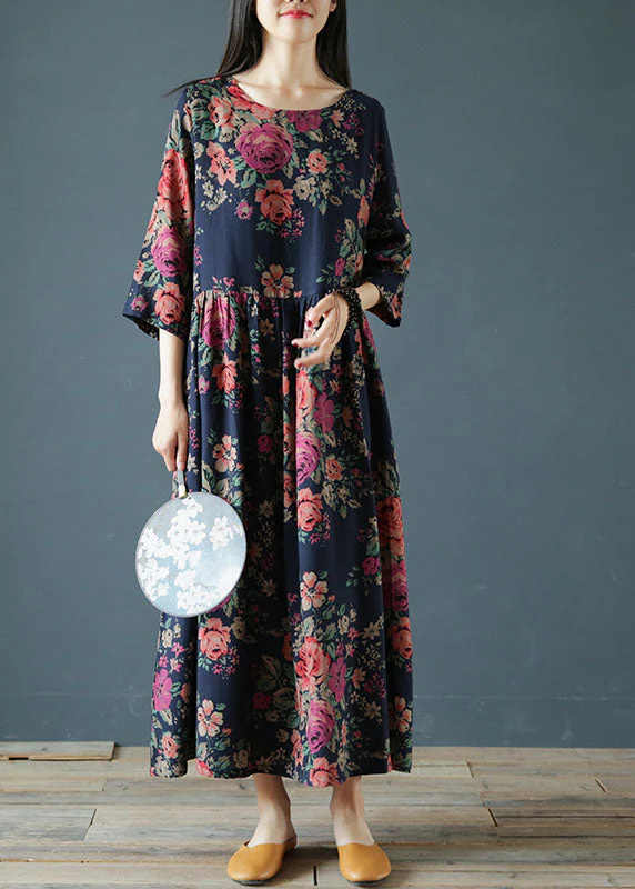 Organic Navy Oversized Print Exra Large Hem Cotton Dresses Half Sleeve - Image 2