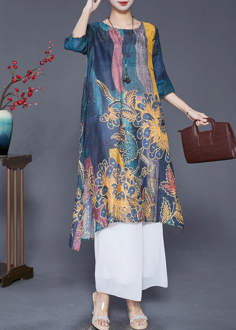 Organic Navy Print Side Open Linen Dresses Summer - Image 3