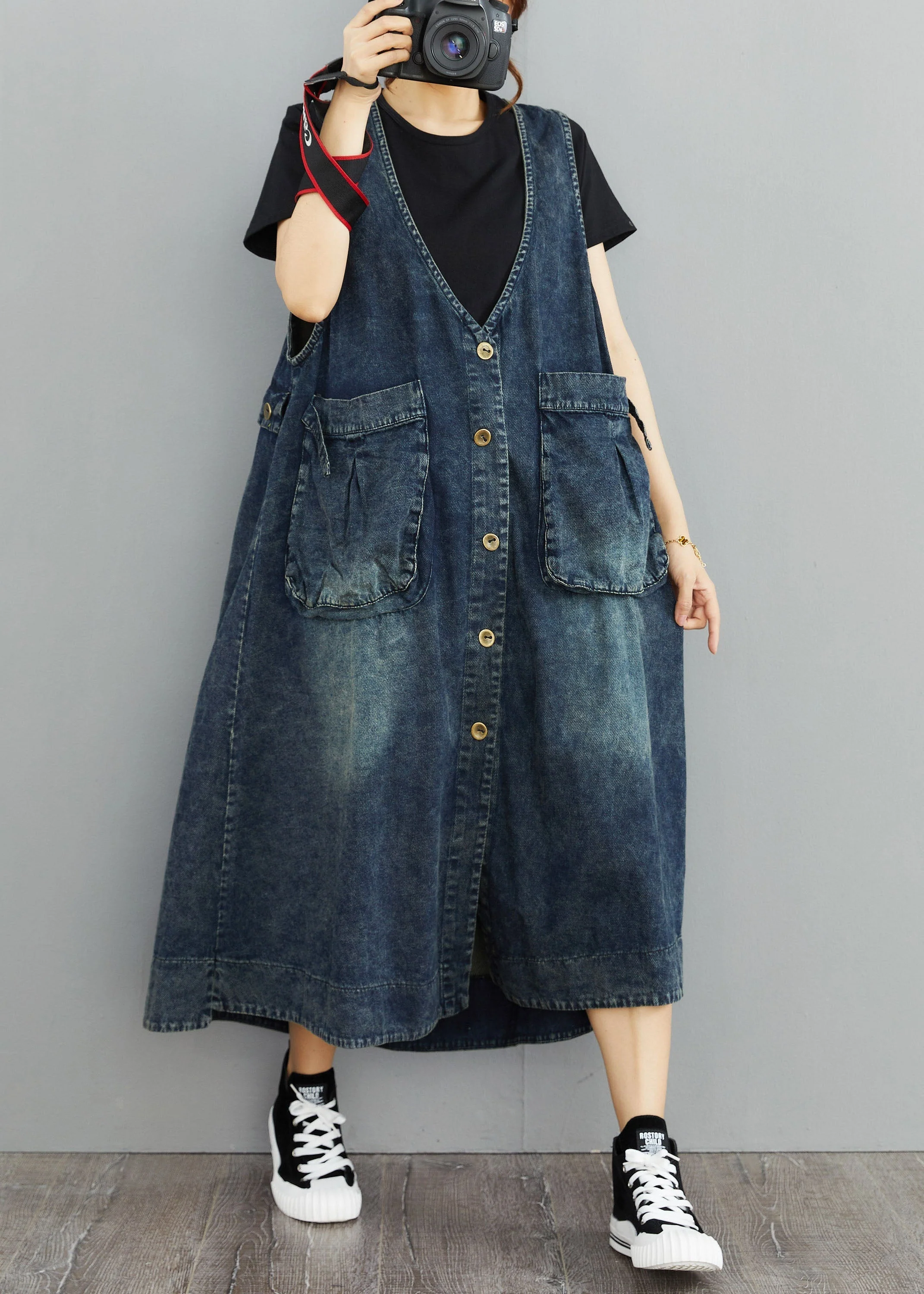 Organic Navy V Neck Pockets Patchwork Denim Sundress Sleeveless - Image 2