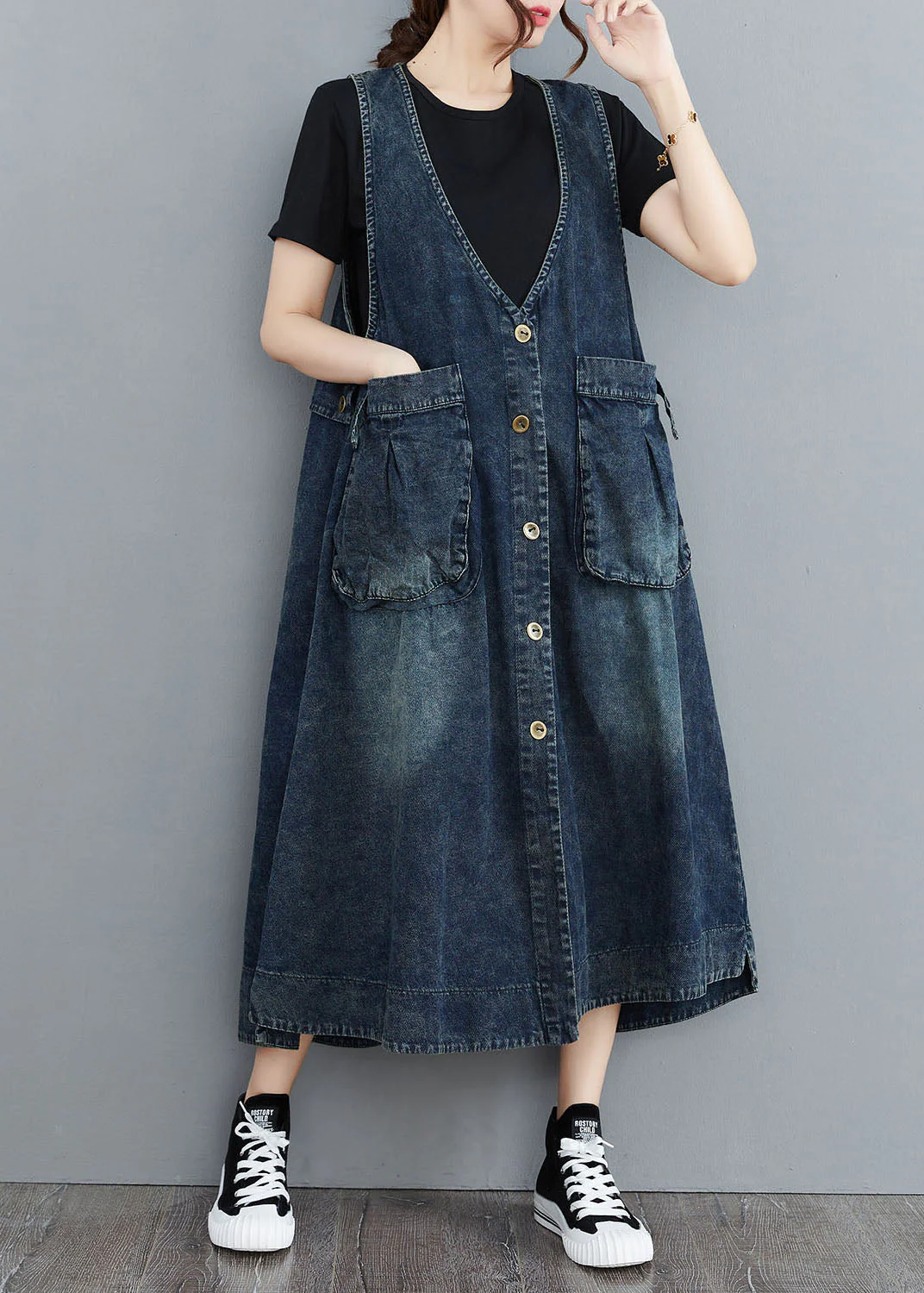 Organic Navy V Neck Pockets Patchwork Denim Sundress Sleeveless - Image 3